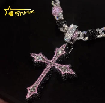 Charm 925 Silver Pendant Necklace Iced Out Custom Rapper Jewelry Pink Mix Black Moissanite Rosary Necklace Cross Pendant Set