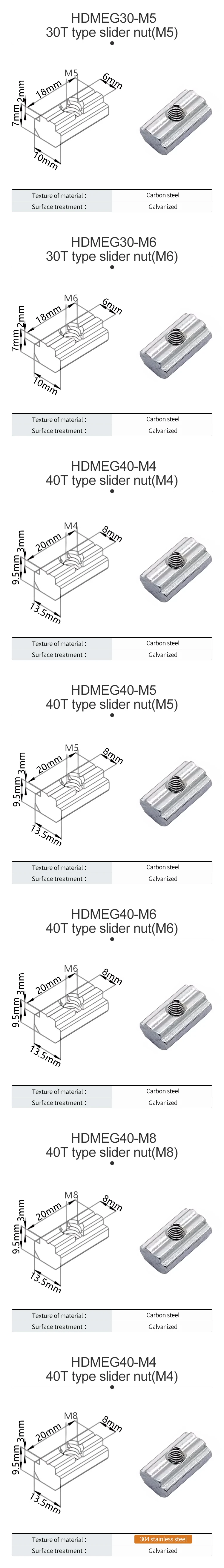 Aluminum Profile Nut T-nut Slider Nut 30304040 Profile M3-M4-M5-M6-M8 Aluminum Fastener Carbon Steel/stainless Steel Material manufacture