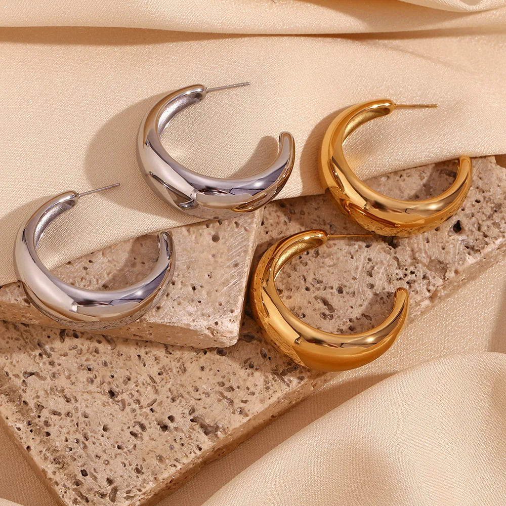 Hip Hop Stainless Steel Gold plated punk C shape hoop thread earrings for woman