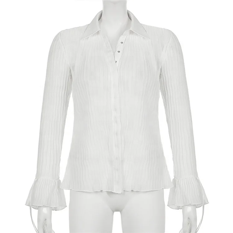 White Folds Cute Y2K Shirts Women Elegant Fashion Flared Sleeve Button Tops See Through Sexy Mesh Girl Tops