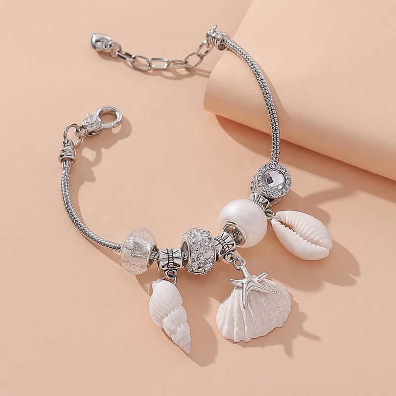 Good price and quality silver plated Shell Starfish Pendant DIY charm bracelet large hole beads Rhinestone pendant bracelet 