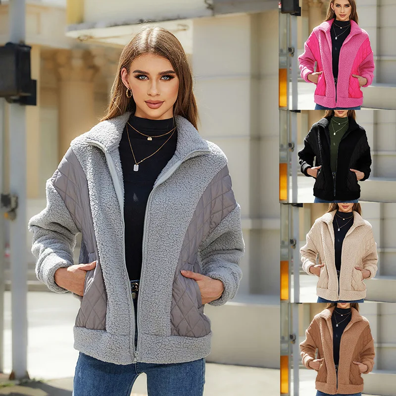 Wholesale 410gsm Fuzzy Fleece Jacket Plaid Pattern Women Clothes Long Coat Flap Pocket Thick Warm Full Zip Lapel Coat Outerwear