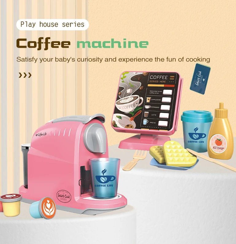 Mini electrodomestico jugyete pretend play simulation lighting musical kids coffee machine toy with ordering machine set toy