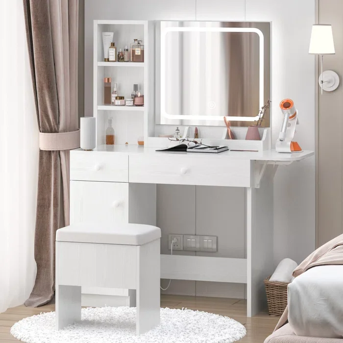 New design luxury makeup table with charging modern girl vanity table wooden dressing table with LED light mirrors