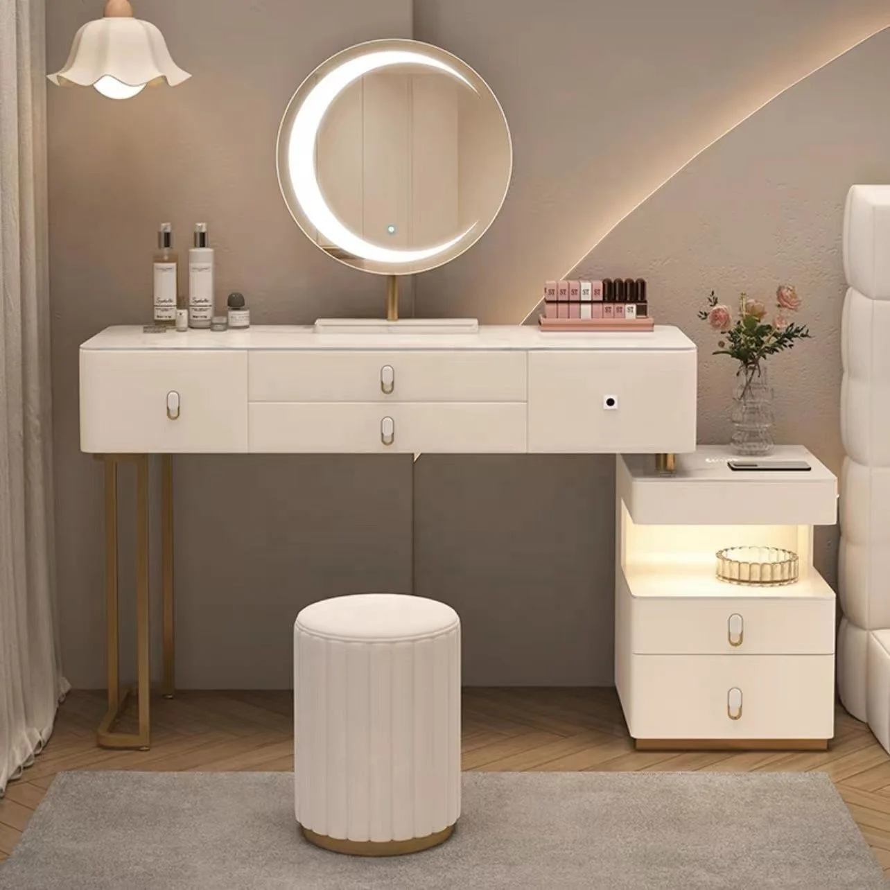 NOVA Hot Sale White Color Corner Vanity Women Bedroom Furniture Multifunctional Makeup Table Dressers With Led Cloud Mirror