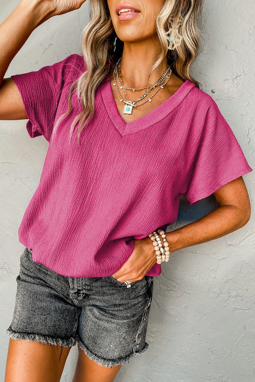Dear-Lover Wholesale Oversized Vintage Bright Pink Crinkled Blank V Neck Wide Sleeve Women Tee-Shirt