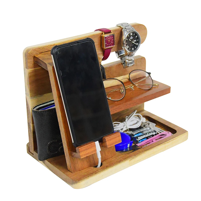 Wooden Tablet Holder Docking Station Desk Organizer Charging Dock Phone Stand