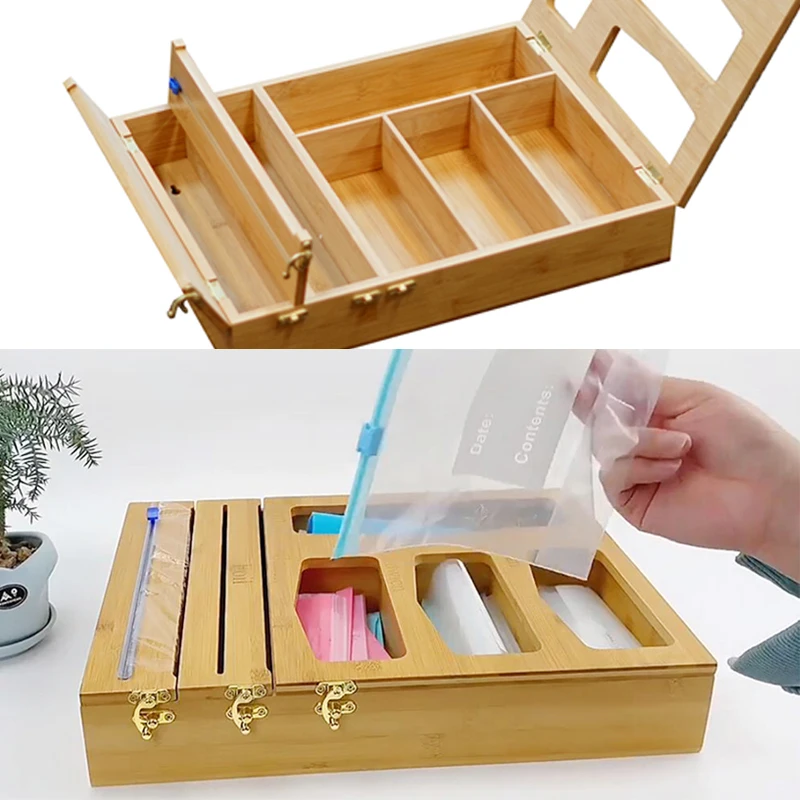 SOPEWOD Bamboo Ziplock Bag Storage Organizer for Kitchen Drawer Openable Top Lids Food Storage Bag Holders Box