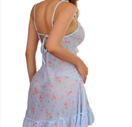 See-Through Sexy Camisole Lace Floral Temptation Nightdress Set
