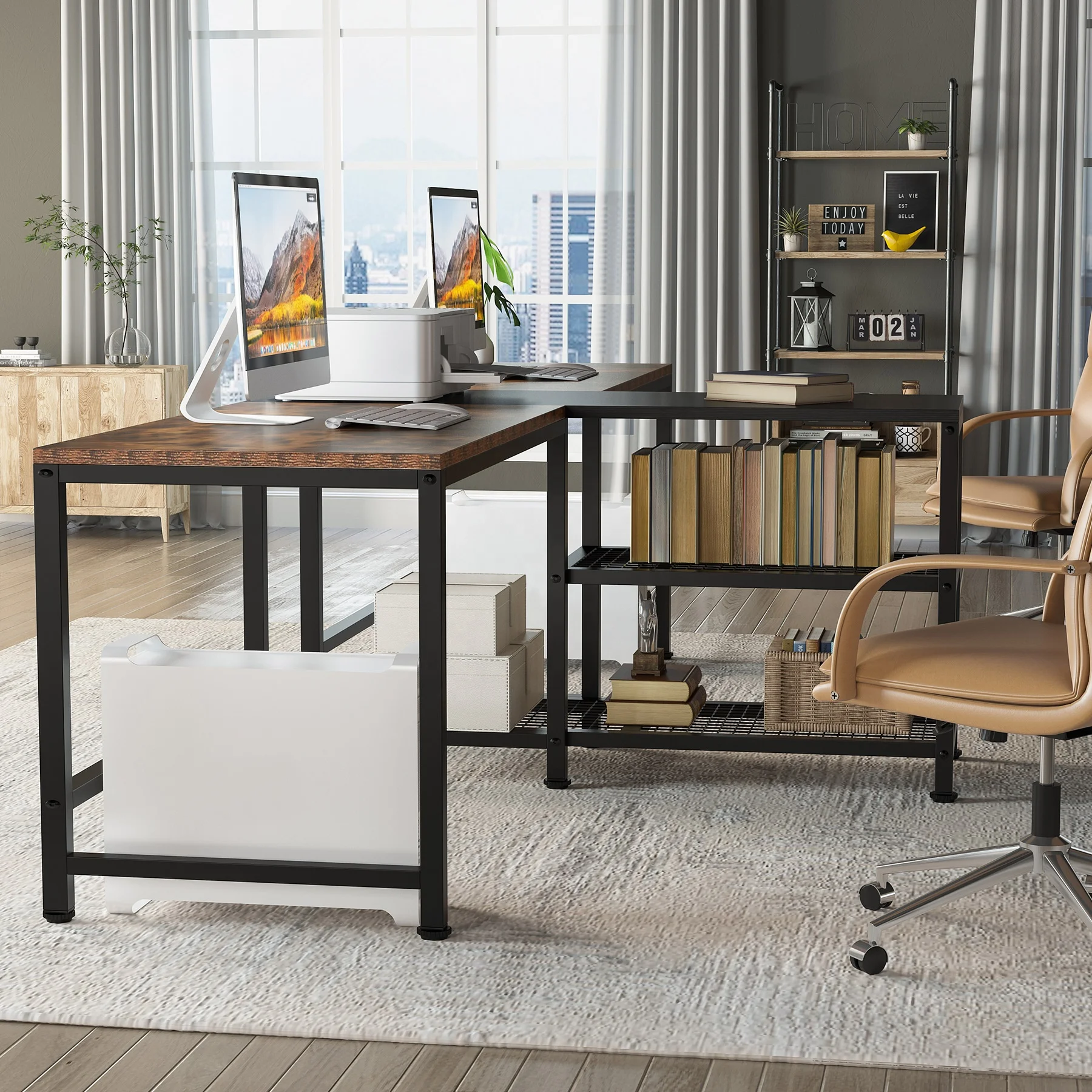 Home Corner Office Executive wide two person Computer work table Desk with Headphone Hook and Monitor Shelf