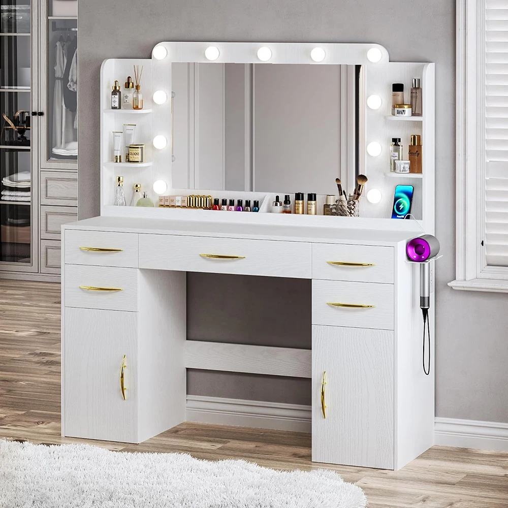 Bedroom Wood Large Makeup Vanity Desk with 5 Drawers 2 Cabinets and Shelves 3 Models Lights and Power Outlet factory