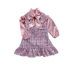 Children clothing sets comfortable woven micro flash tweed fabric high end boutique girls clothing sets