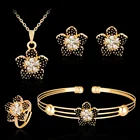 Gold Flower Jewelry Fashion Gold Color Rhinestone Flower Jewelry Set Necklace Earrings Bracelet Ring Set