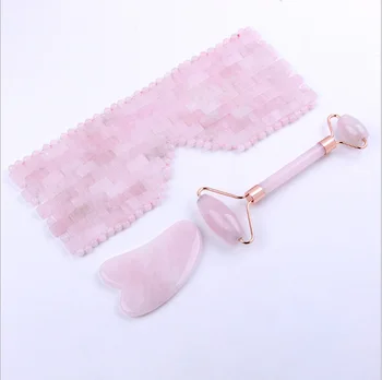 Hot Sale Natural Quartz Rose Pink Crystal Eye Mask Massage Roller Set