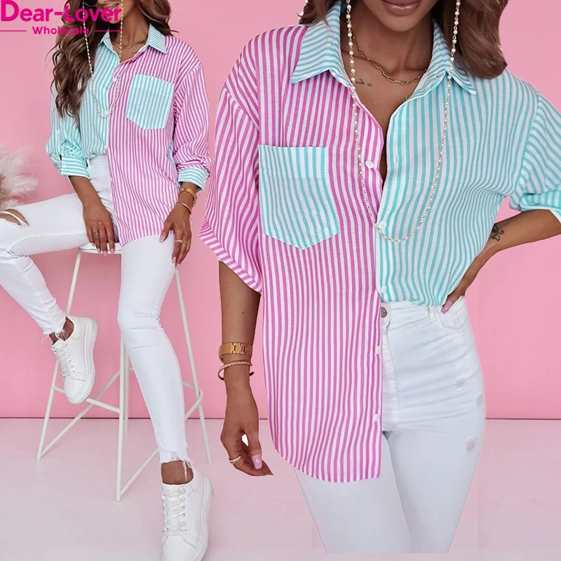 Dear-Lover Odm Custom Logo Private Label Contrast Striped Print Knit Button Up Shirts For Women