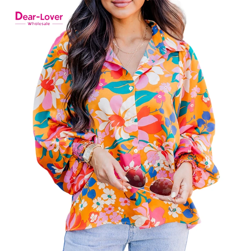 Dear-Lover Carrot Print Buttons Front Bubble Sleeve Women Floral Shirt