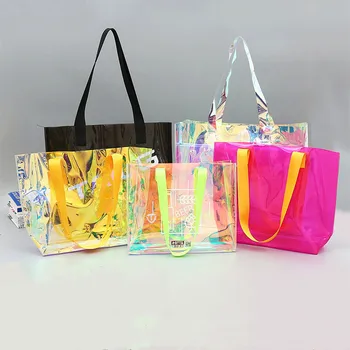 Customized color PVC transparent tote bag Holographic cheap shopping bag gift plastic bag