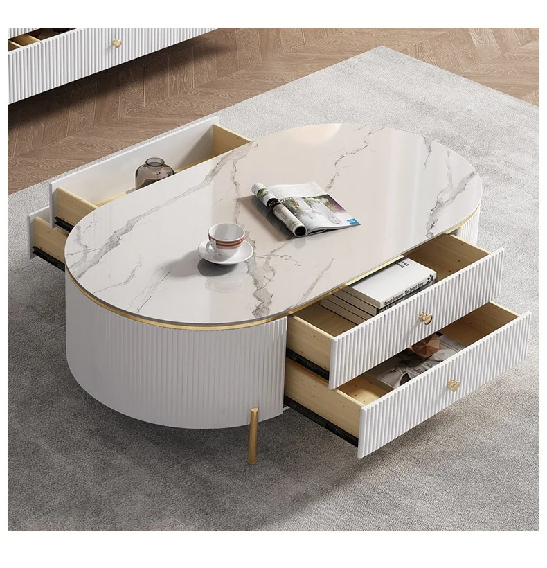 Rock Slab Coffee Table TV Cabinet Combination Small Household Storage Cabinet Modern Living Room Round TV unit Center Table