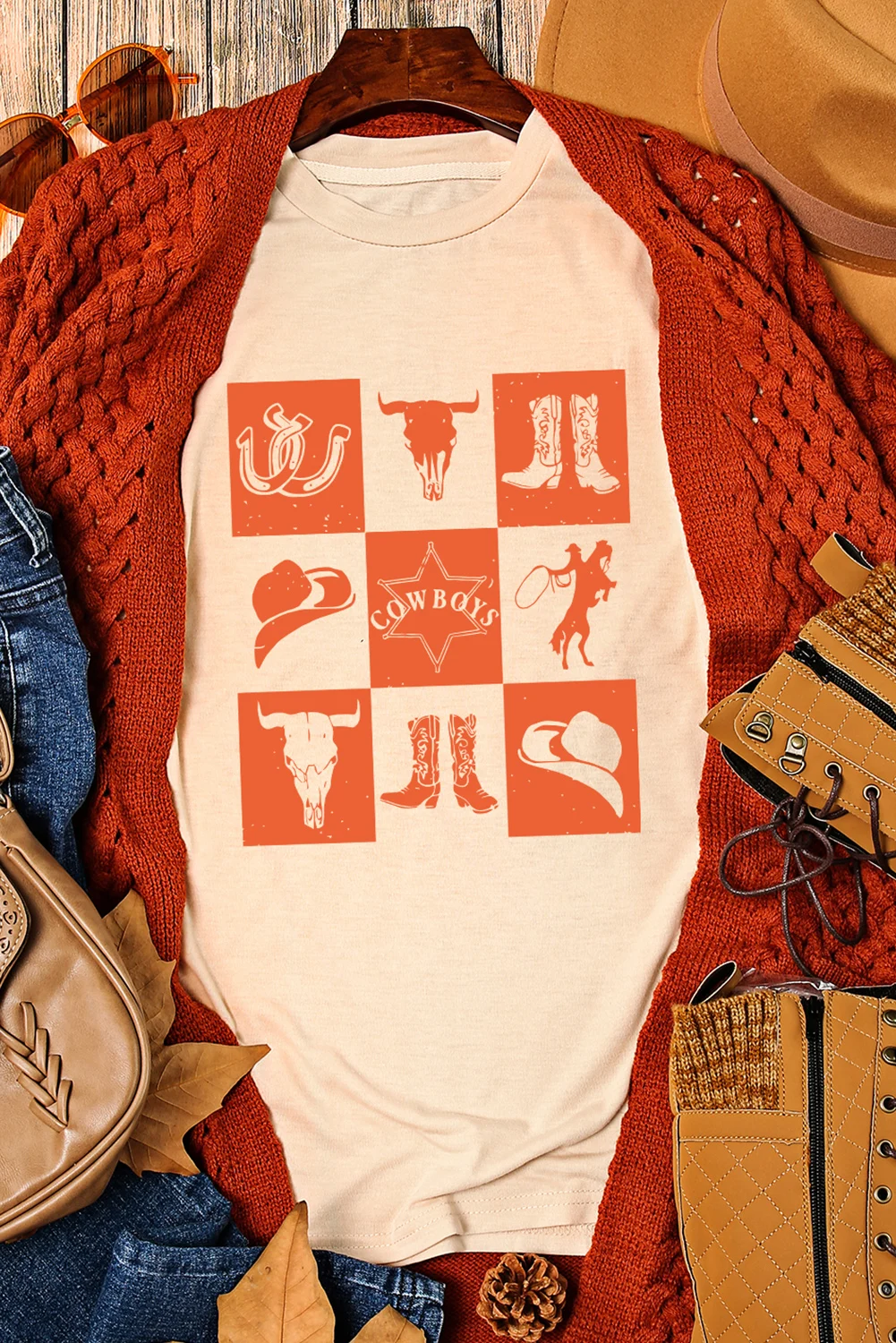 Dear-Lover Khaki Cowboys Graphic T Shirt Pattern Print Crewneck Shirts  For Women
