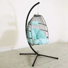 Patio Foldable Swing Chair Porch PE Wicker Egg Hanging Chair Hammock Chair W/Stand And Cushion For Outdoor Indoor
