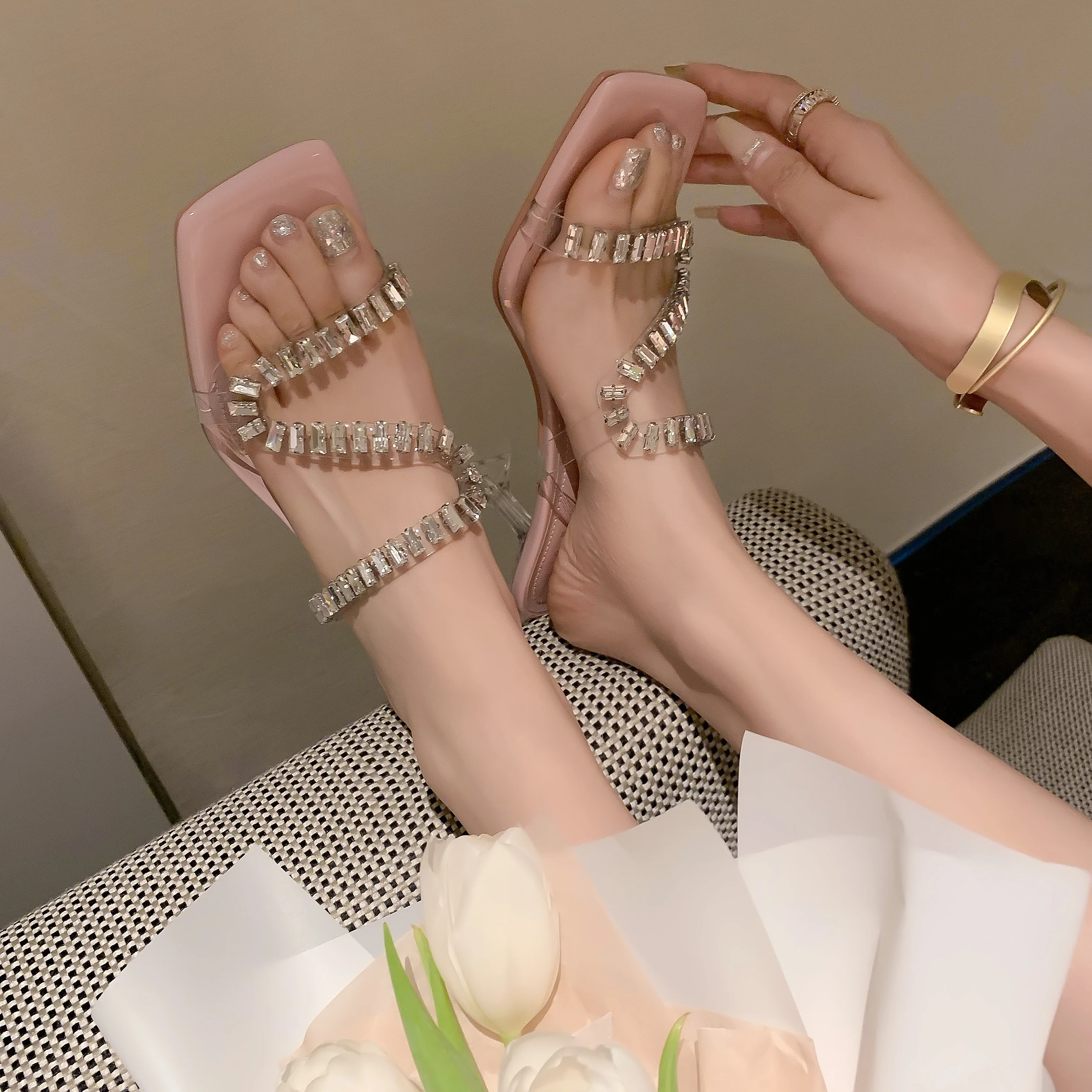 New Arrivals Summer Fashion Ladies Shoes Square Toe Stiletto Pink Transparent sandals Vamp Rhinestone open-toed Women Slippers