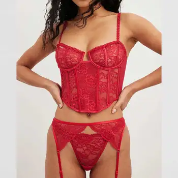 Retro Girl Fishbone Sexy Underwear Sling Thin Gathered Lace Red