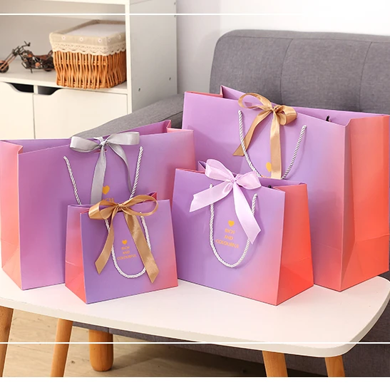 print luxury gift pink shopping paper bag with ribbon bow handle