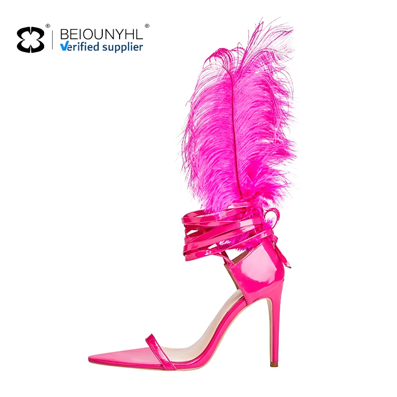 OEM Hollow Stiletto Feather Strap High-heeled Sandals Ladies Detachable Nightclub Dance Sexy Dress High Heels Sandals For Women