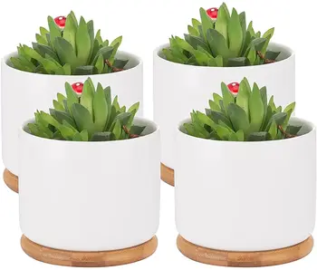 4 Packs Succulent Planter Ceramic Flower Plant Pot with Bamboo Tray
