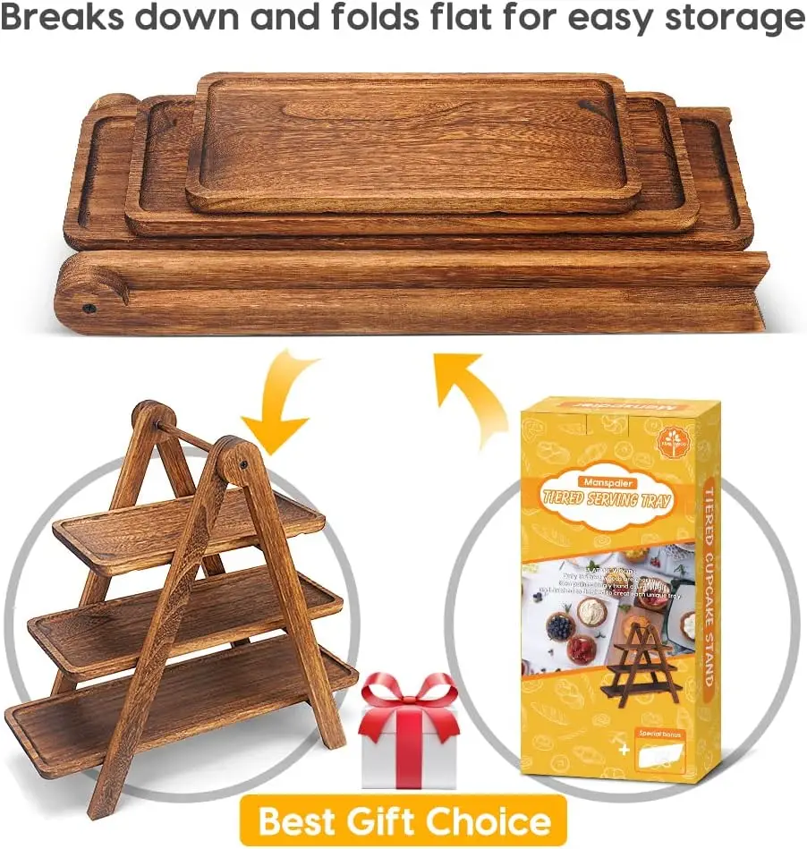 Wholesale Rectangle Wood 3 Tier Serving Tray Christmas Tier Tray Decor Three Tiered Tray