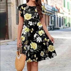 Women 2023 Summer Europe Style Dresses Fashion Ruffles Short Sleeve Floral Printed Loose Cake Flying Sleeve Lady Casual Dress