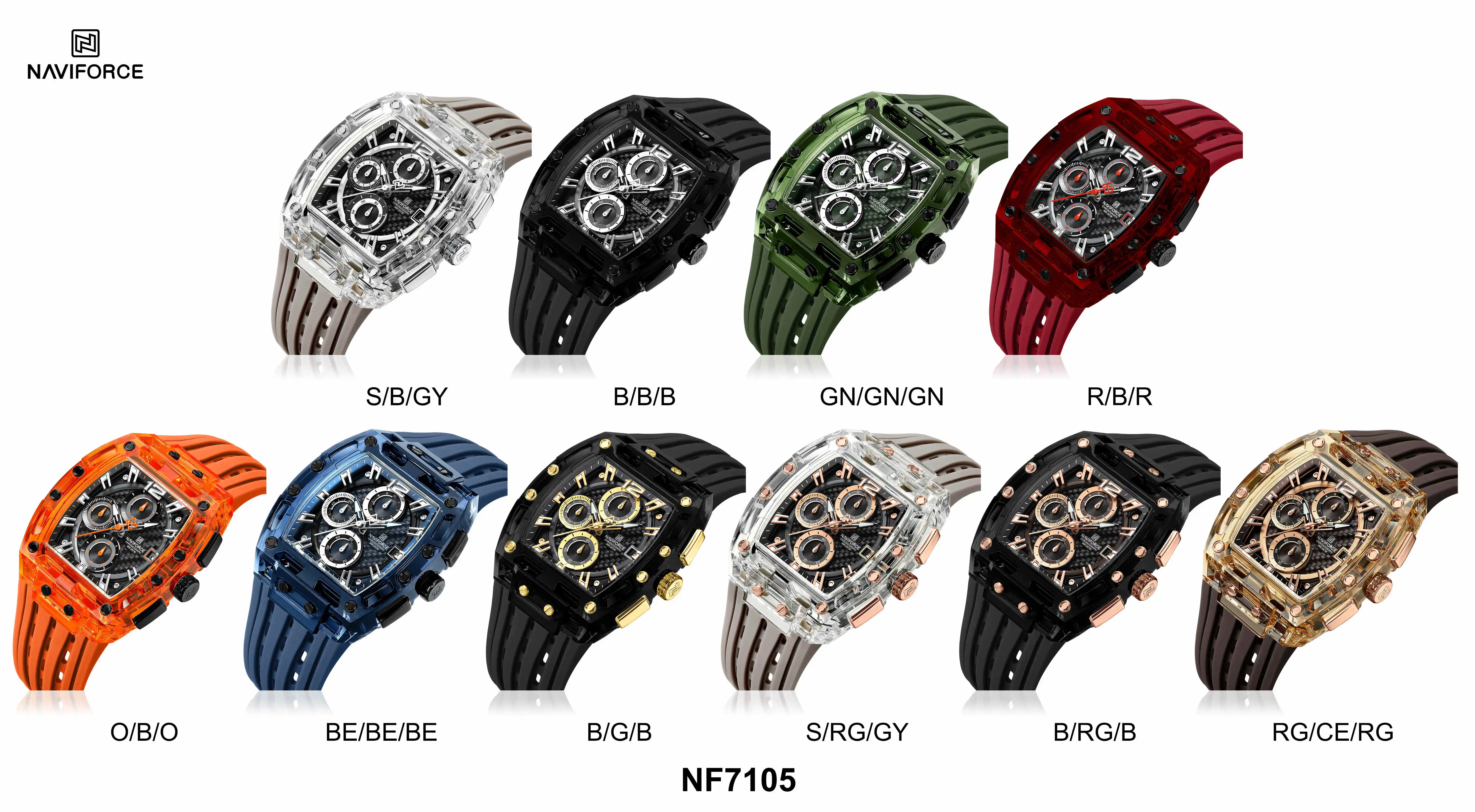 NAVIFORCE 7105新设计透明酒托手表男士石英表防水奢华运动户外蒙特霍姆