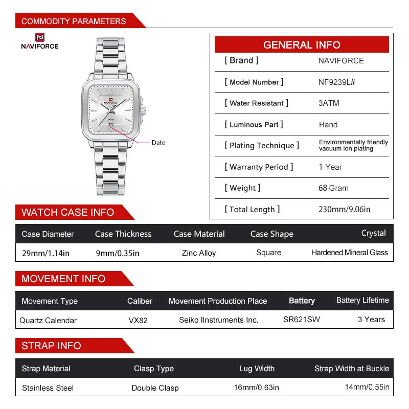 NAVIFORCE 9239 High Quality Men Women Quartz Watch Stainless Steel Strap Casual Square Waterproof Wristwatch Relogio Feminino