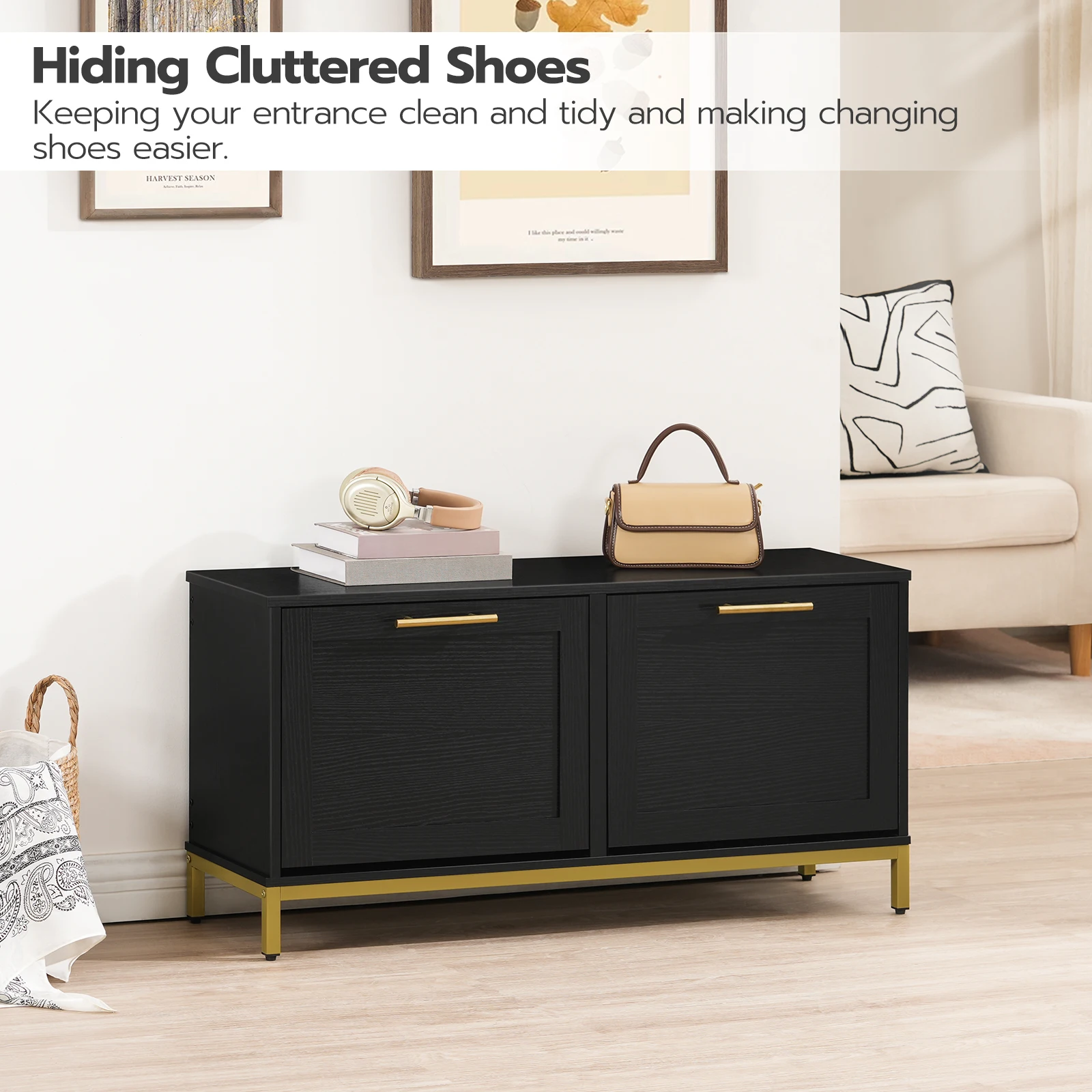 Modern Wooden Seated Shoe Cabinet With Flips 2 Layers Tipping Bucket Shoe Storage Cabinet Bench Shoe Rack With Seat For Entryway