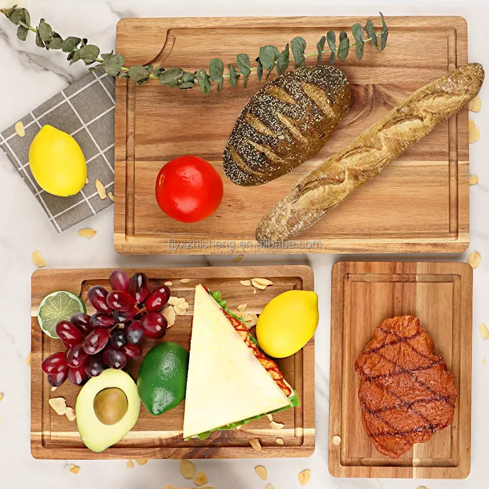 product acacia wood cutting board set with juice tank-2