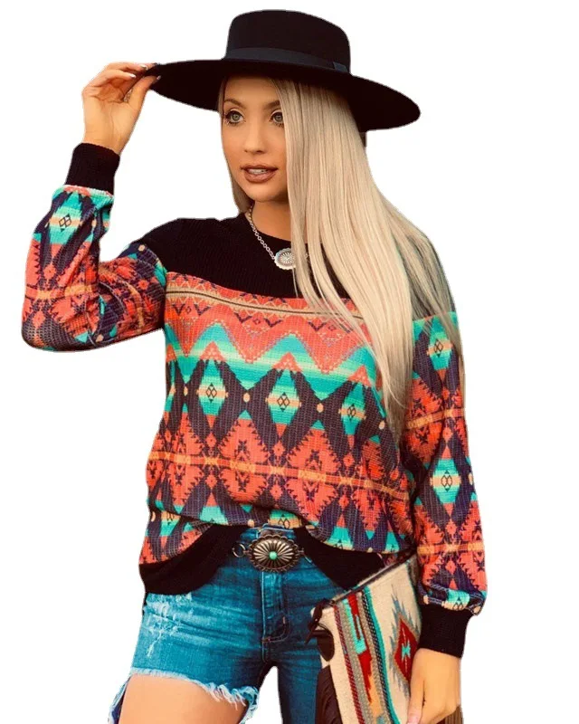 Wholesale Vintage Geometric Printed Sweatshirt Aztec Shirts for Women Long Sleeve T-Shirt