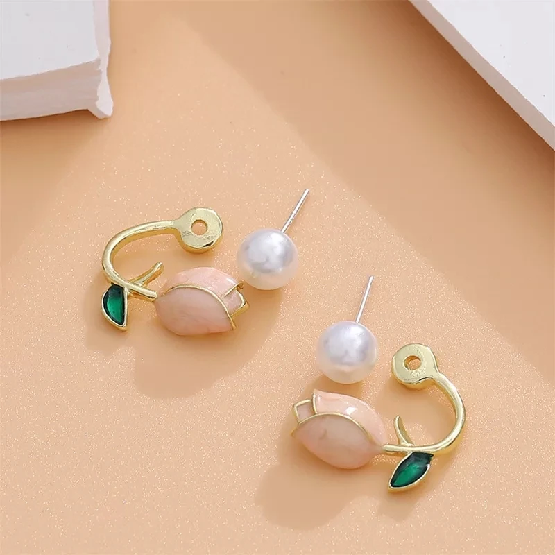 New Pink Flower Earring Summer Small Fresh Tulip Design Elegant Modern Stud Earrings With Two Pearls