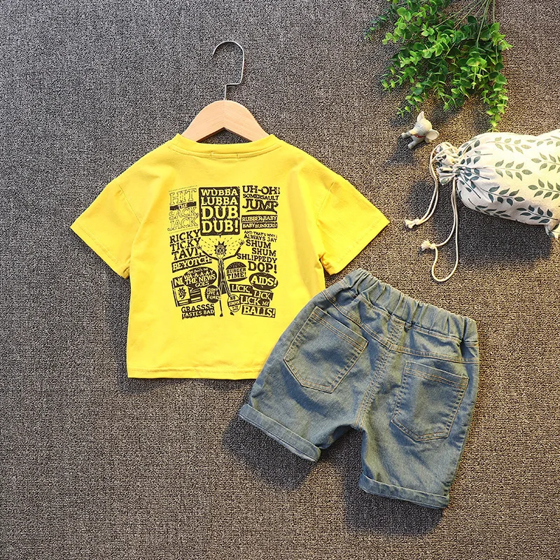 New Design Boys Boutique Clothing Casual Fashion Two-Piece Set Words Printing Cotton T-shirt Jeans Short Outfits For Baby Boy