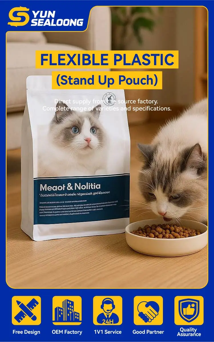 Premium PE Flat Bottom Zipper Pet Food Packaging Custom Logo Food Grade for Baby Food Chewing Gum Salad Cakes Heat Resistant