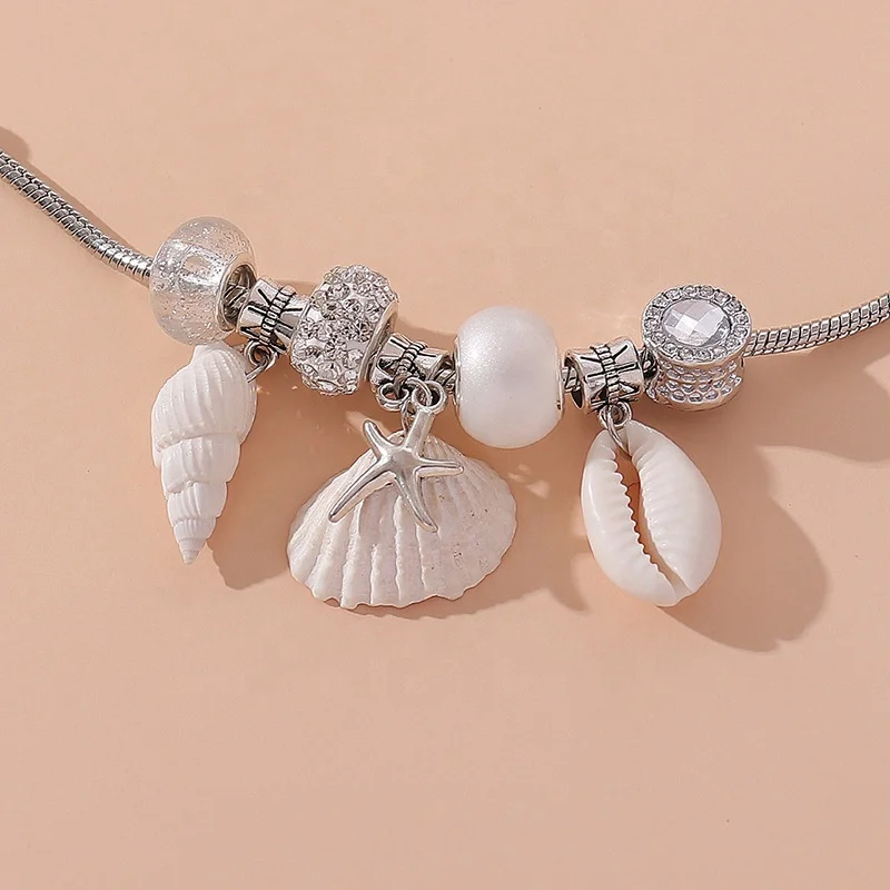 Good price and quality silver plated Shell Starfish Pendant DIY charm bracelet large hole beads Rhinestone pendant bracelet 