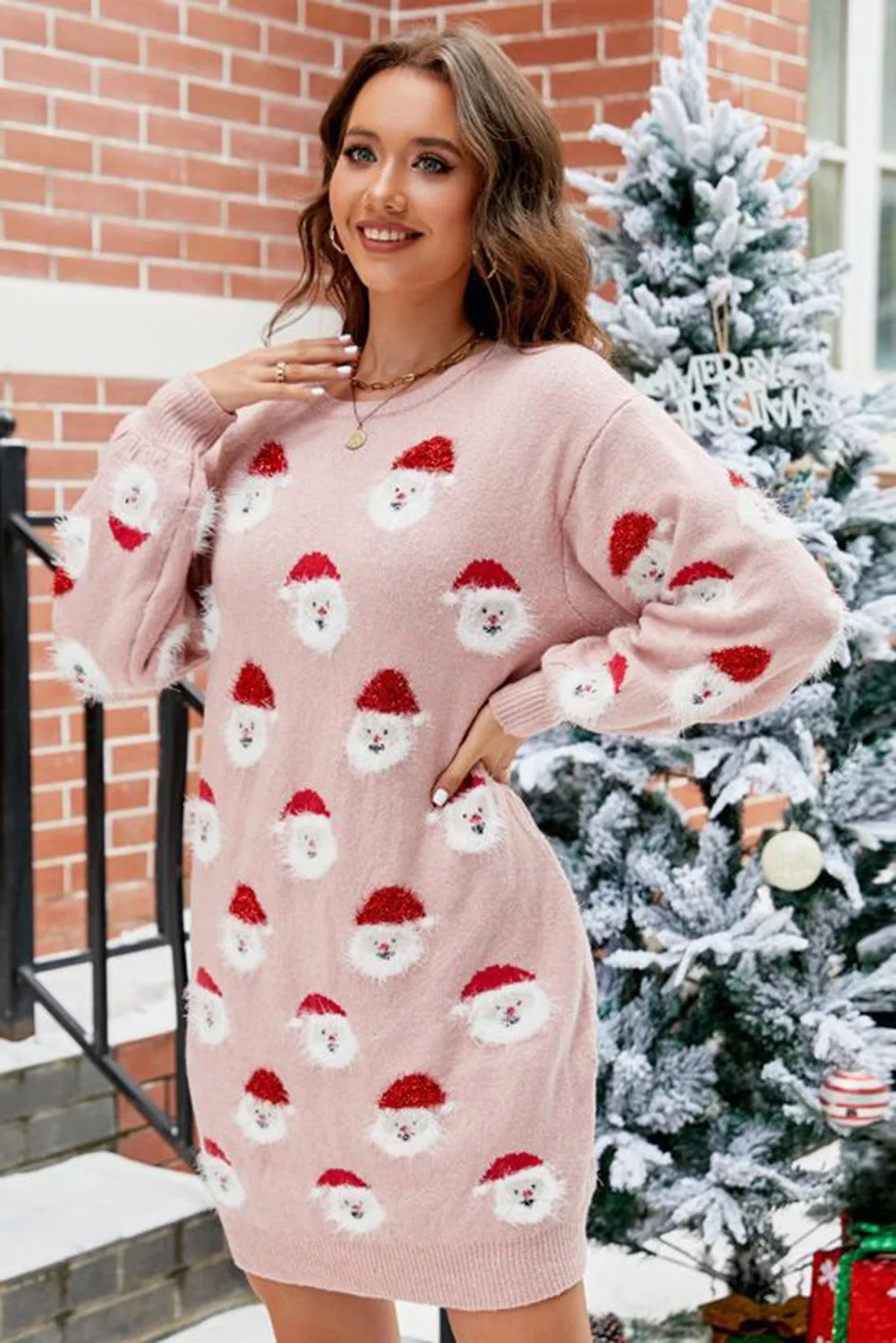Dear-Lover Light Pink Fuzzy Christmas Santa Clause Sweater Christmas Dress For Women