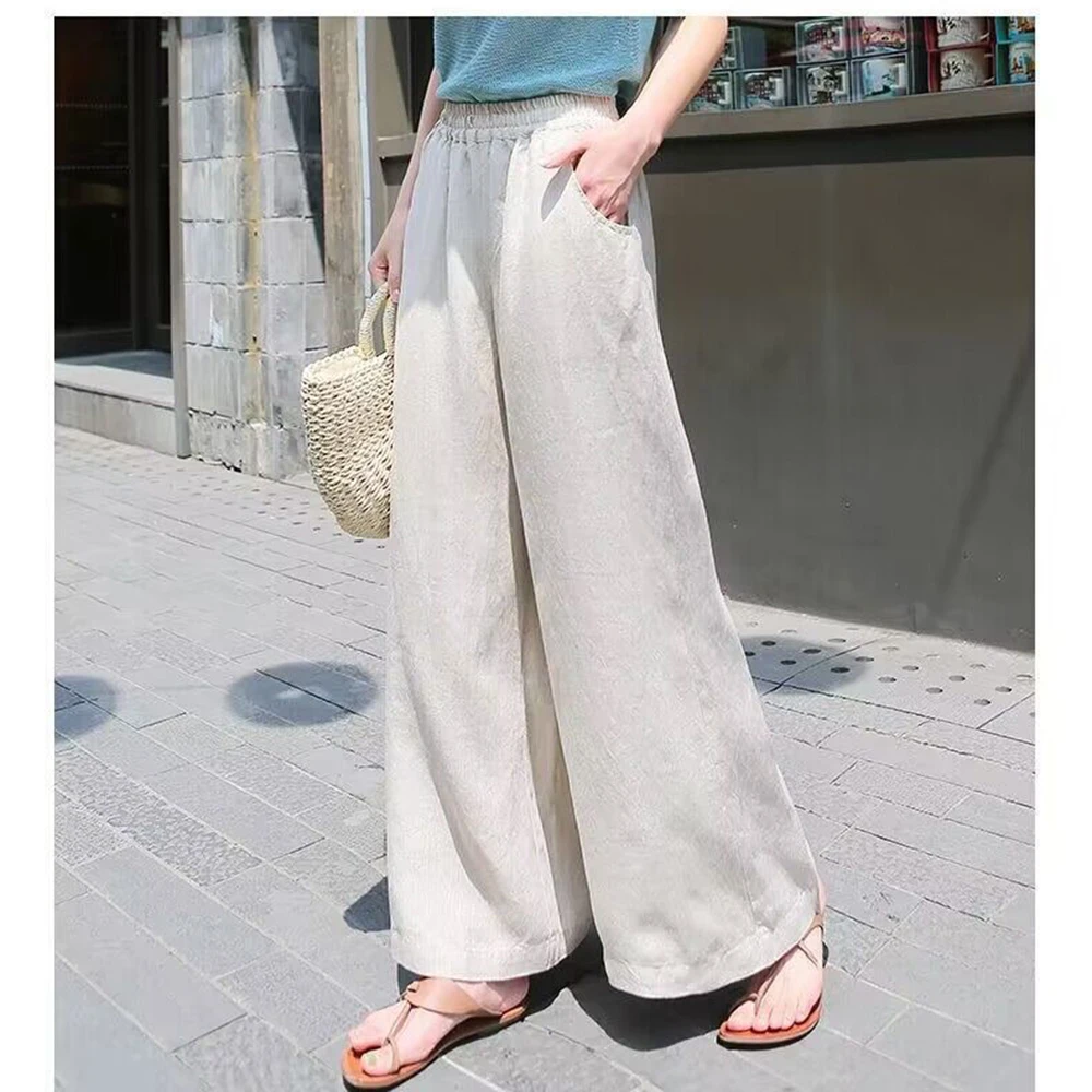 Women Fashion Cotton and Linen Loose baggy Pants Wide Leg Pants Trousers Solid Color Elastic Waist plus size men's pants