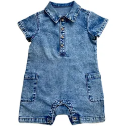 Custom Children Clothing Toddler Baby Boys Girls Short Sleeve Jeans Bodysuit Romper Infant Denim Button Up Jumpsuit With Pocket