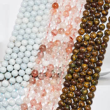 Precious Blue Celestine Celestite, Rainbow Tourmaline, Red Hematoid Quartz Crystal Natural Stone Round Beads for Jewelry Making