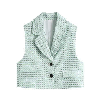 Korean style notched collar green color casual short women fashion vest tweed waistcoat