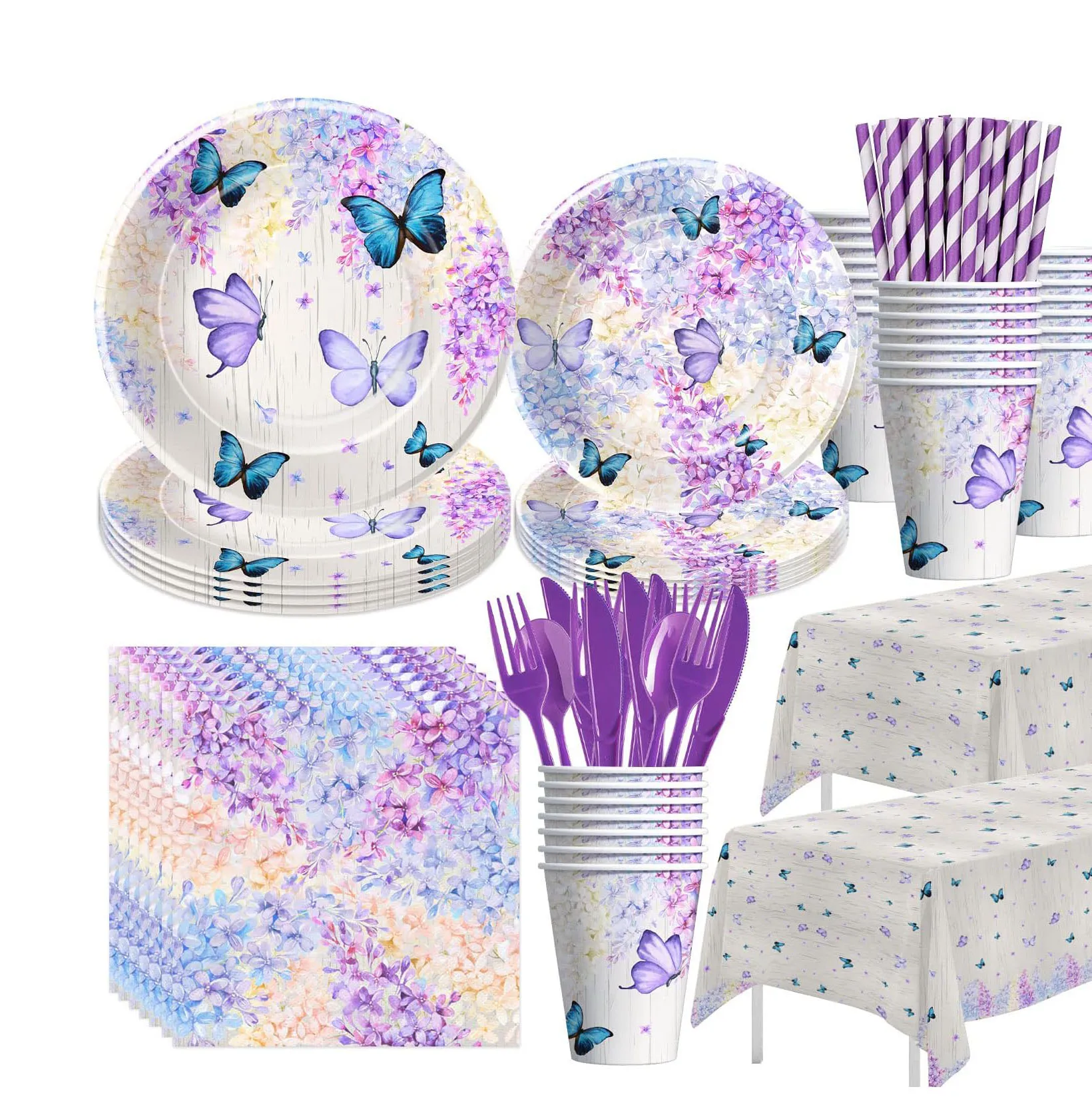 Purple Butterfly Theme Birthday Party Tableware Set Butterfly Pattern Decorations Party Plates Disposable Party Tableware