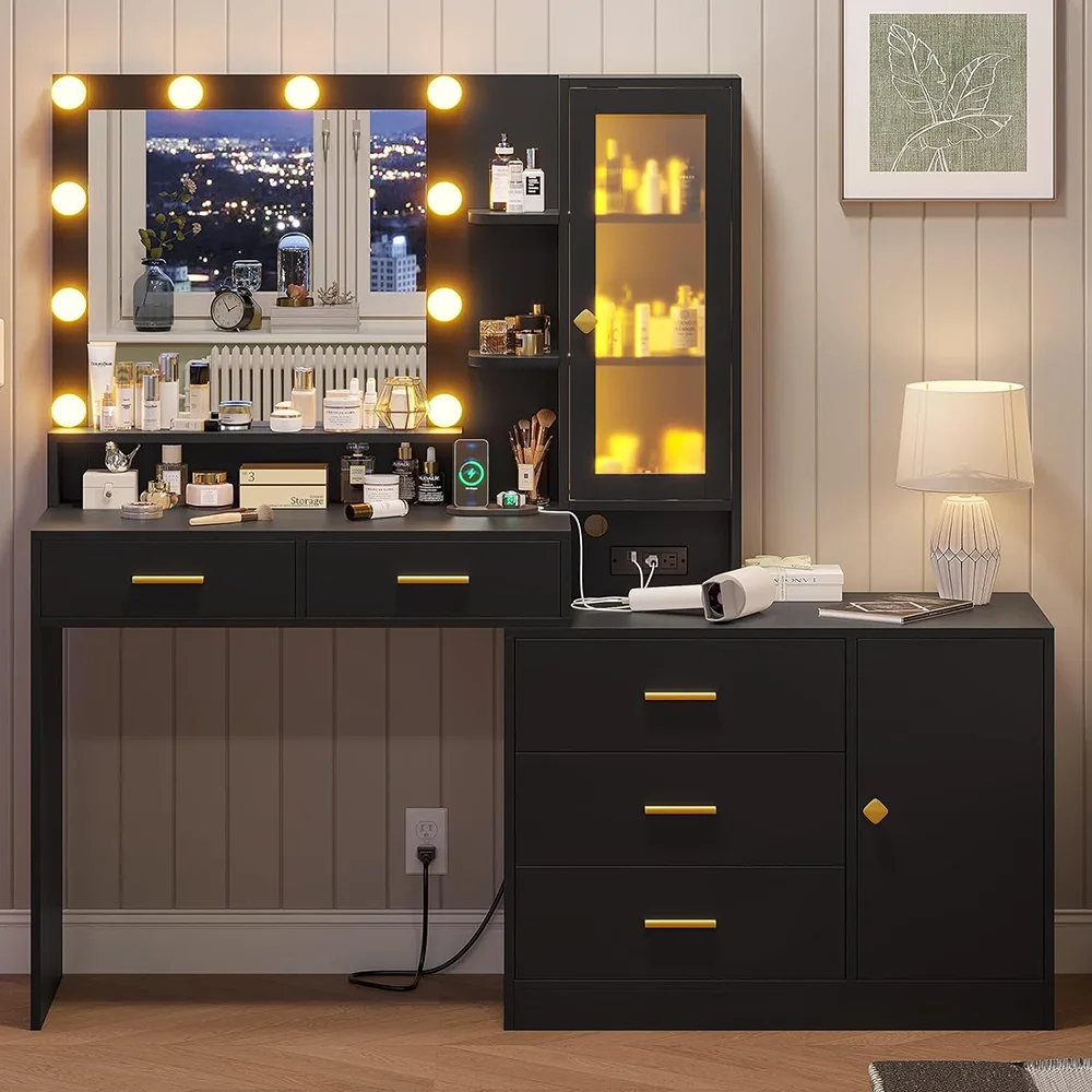 Bedroom Modern Wood MDF Makeup Table with Lights Standing Mirror Removable Features Vanity Desk Includes Storage for Makeup supplier