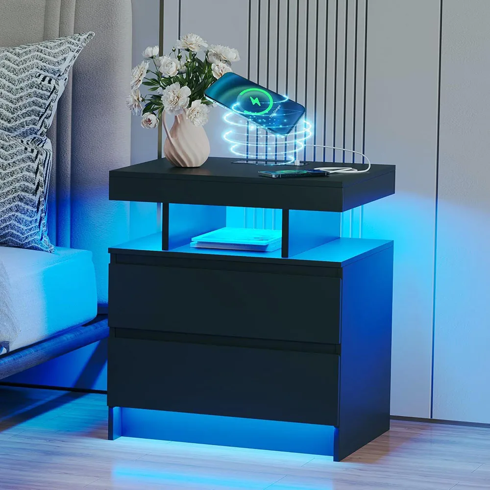 Modern Wood Nightstand Charging Station with LED Light 2 Drawers USB Ports Wireless Charger for Bedroom (Black) supplier