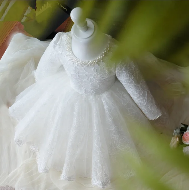 Bow Dream Christening Gown Baby Girl Lace Toddler Pure White Special Occasion Dresses