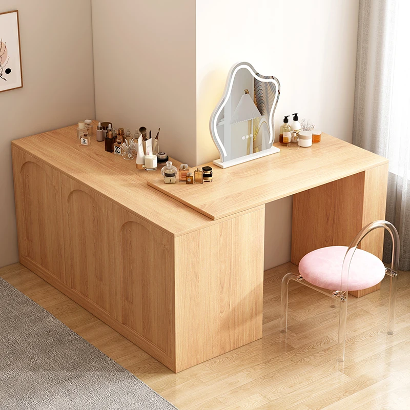 Modern dressing table White Oak Wooden Makeup Vanities for Bedroom with Chair and Hidden Drawer